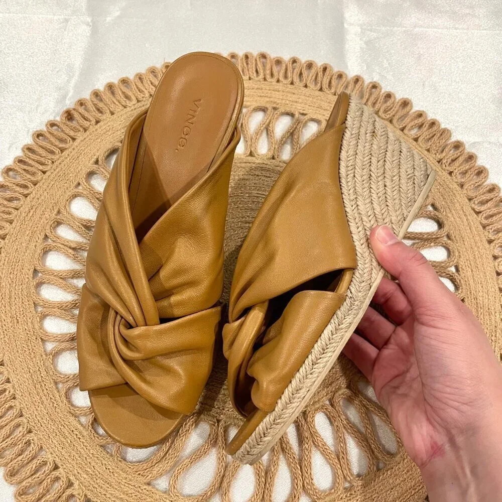 Vince Sylvia Knotted Espadrille Wedge Sandals Camel Leather Size US 9